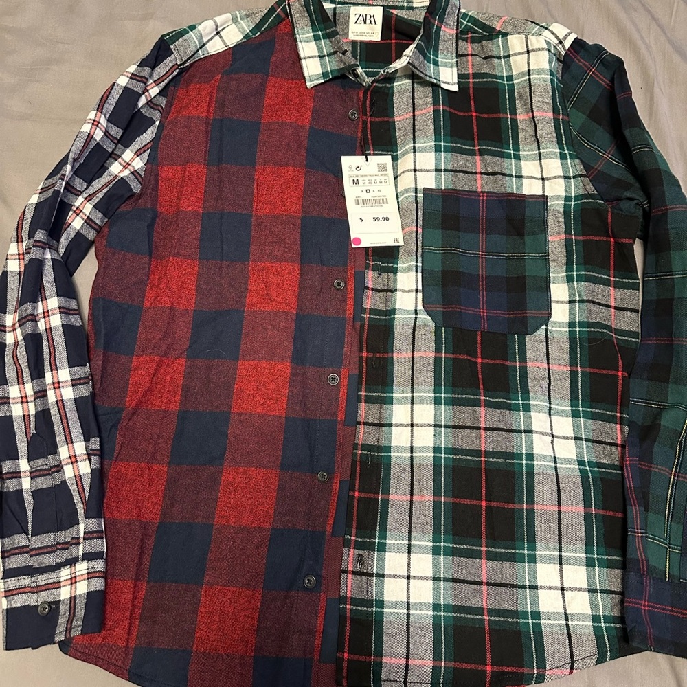 Zara Men's Red and Green Plaid Button Down Shirt